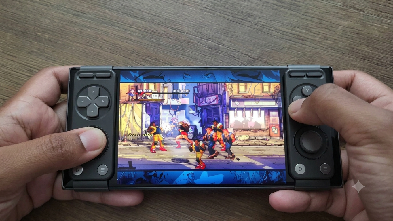 Close-up of thumbs on the tactile BandController buttons mid-game